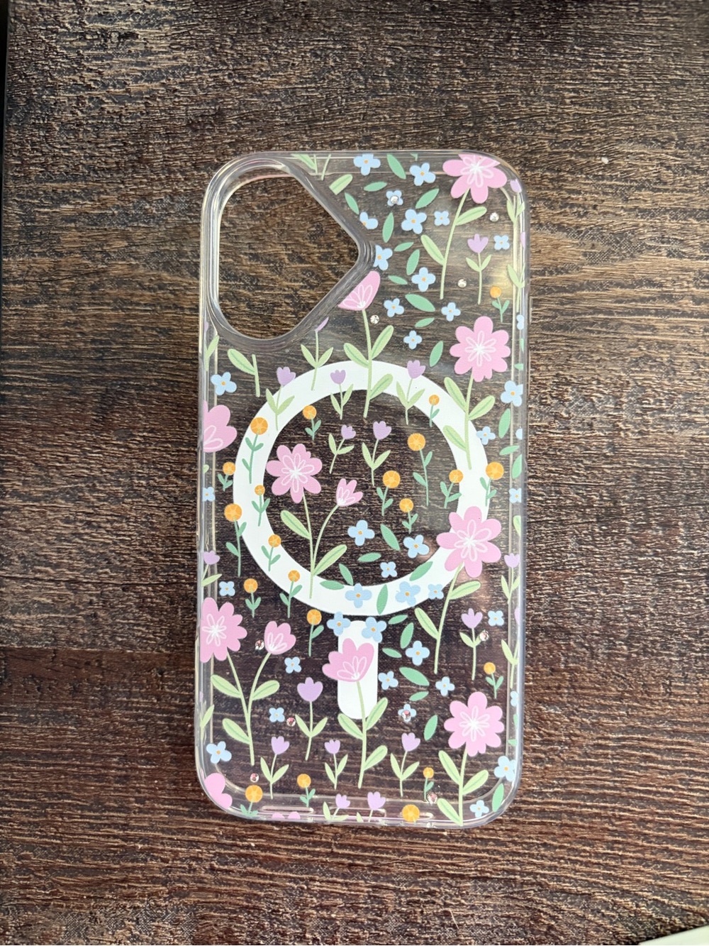 Source Unknown Clear Floral iPhone 17 Case with White Ring and Pink Flowers